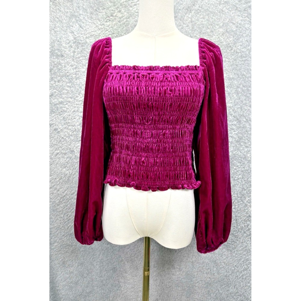 Anthropologie Women S Pink Rose Velvet Smocked Top Puff Sleeve Square Neck NEW